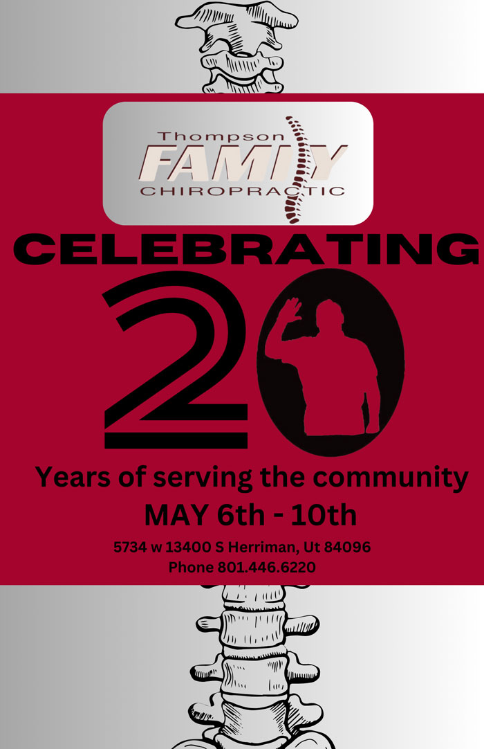 Flyer for Thompson Chiropractic 20th Anniversary celebration